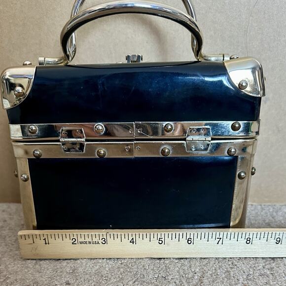 Vintage Delill Italy Black Lucite Metal Trunk Purse Box Handbag Top Handle - Picture 3 of 9